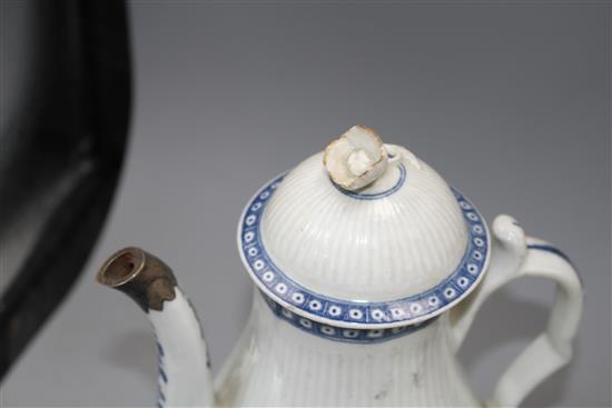 A Worcester blue and white coffee pot and cover, sugar bowl and cover and milk jug, c.1760-75 and a New Hall type teapot and cover c. 1